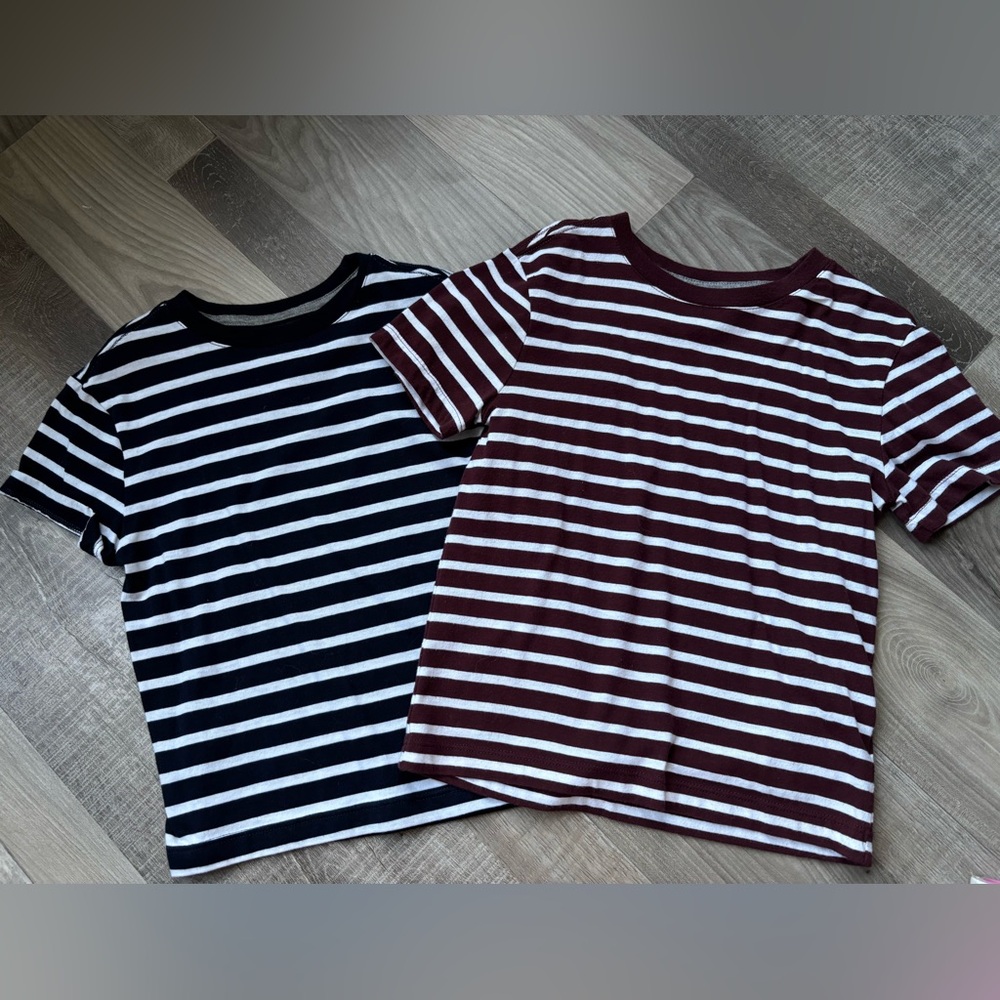 Striped Short Sleeve Tee Duo - Black & Burgundy with White Stripes